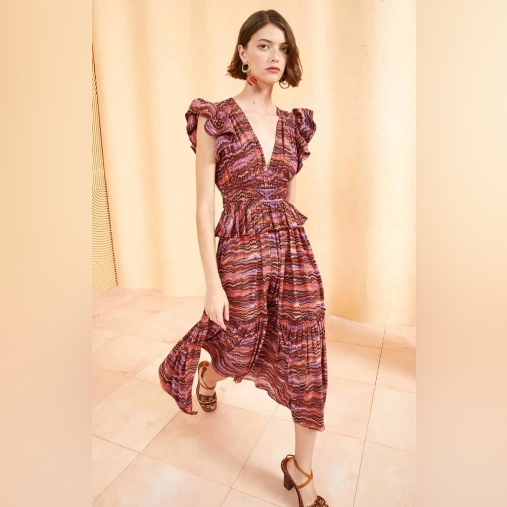 Ulla Johnson Ruffled V-Neck Midi Dress in Maroon and Pink Wave Print